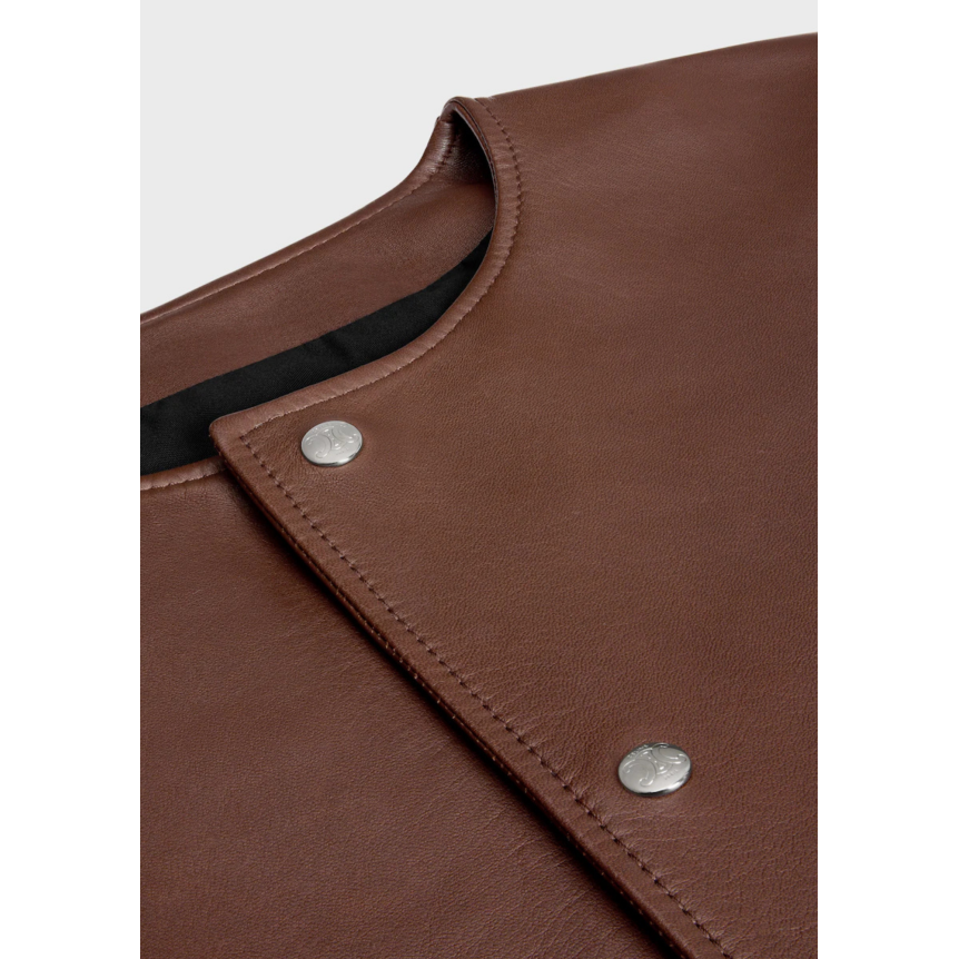 Veste Paletot CELINE col rond cuir agneau marron acajou bouton pression