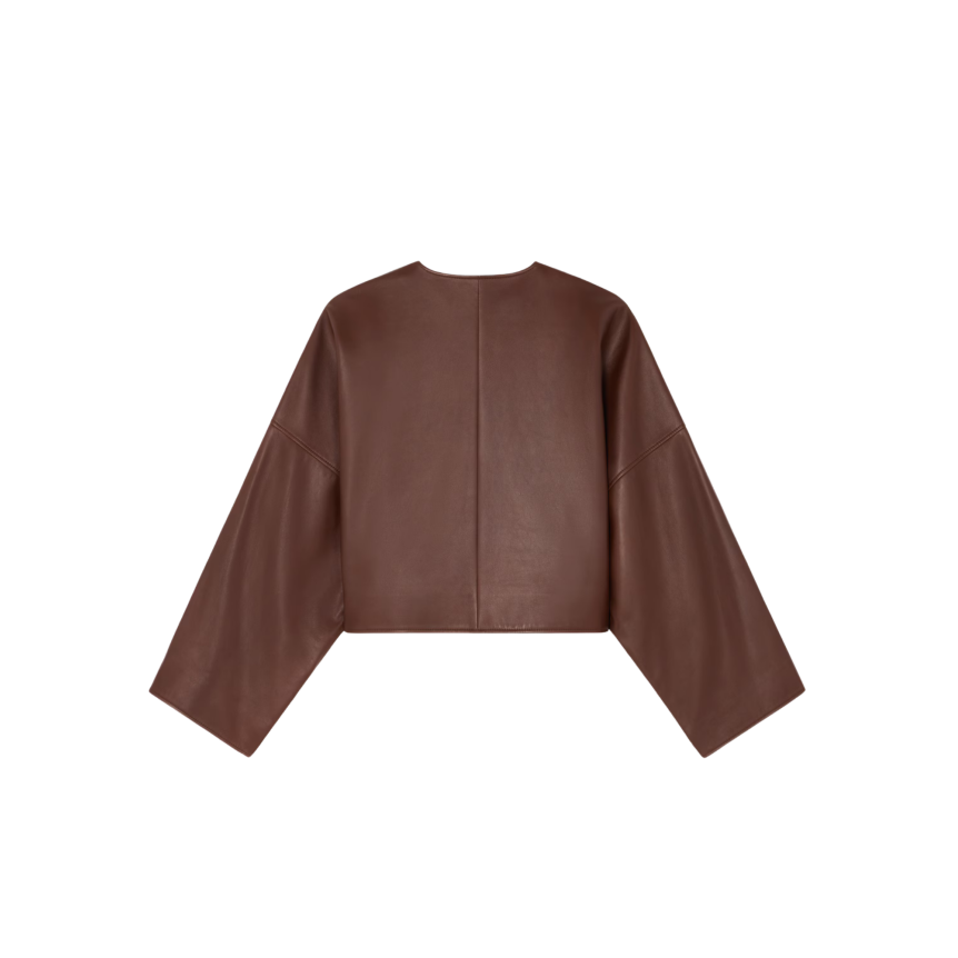 Veste Paletot CELINE col rond cuir agneau marron acajou bouton pression