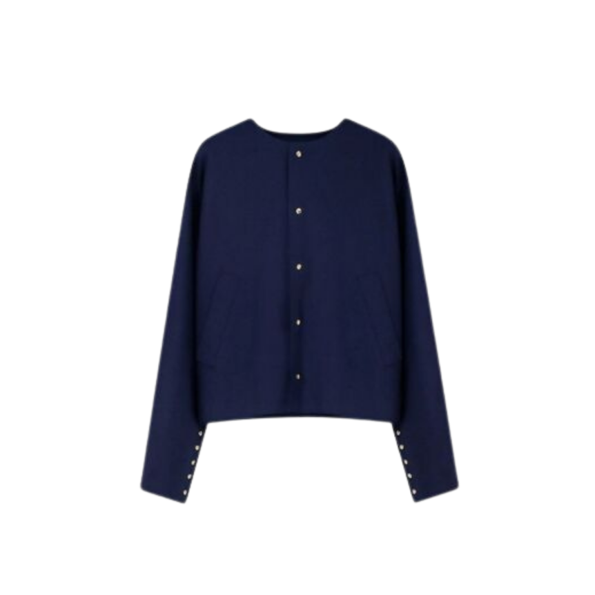 Veste Paletot CELINE col rond cuir agneau bleu marine intérieur foulard bouton pression Triomphe