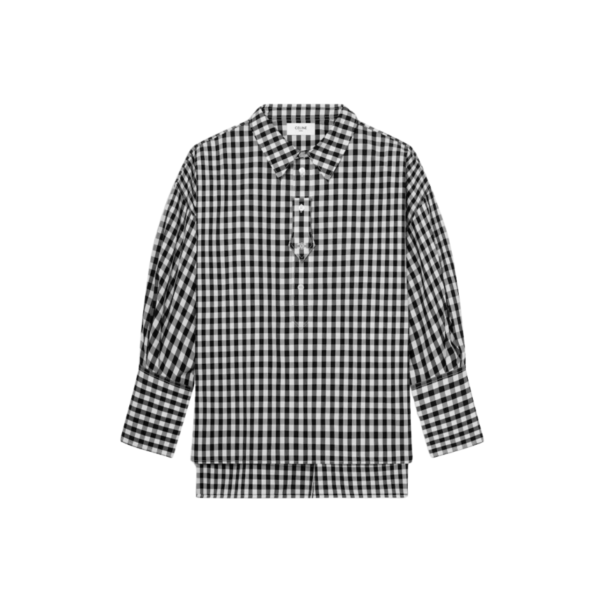 Chemise liquette CELINE coton vichy noir blanc bouton nacre gravé