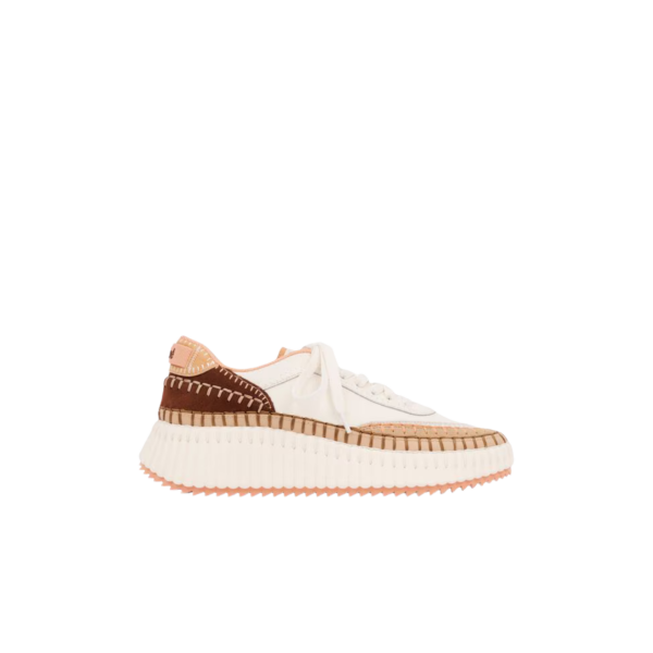 Baskets basses CHLOE Nama empiècements contrastés cuir vachette velours marron pêche