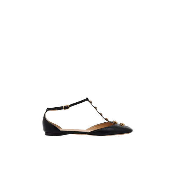 Ballerine plate CHLOE Céleste cuir agneau noir bride bijoux