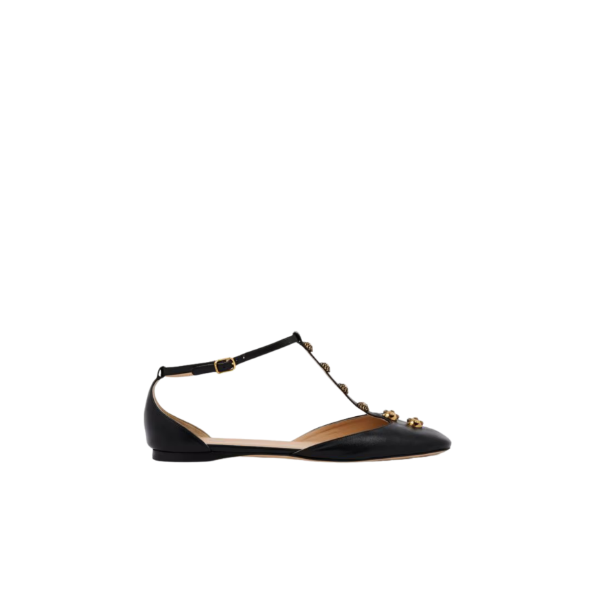 Ballerine plate CHLOE Céleste cuir agneau noir bride bijoux