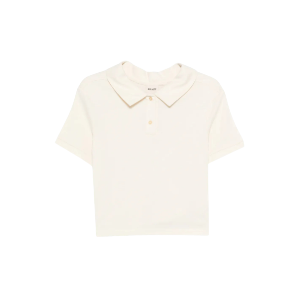 Pull court KHAITE Jasna col polo soie écru bouloche bouton