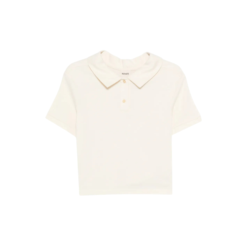 Pull court KHAITE Jasna col polo soie écru bouloche bouton