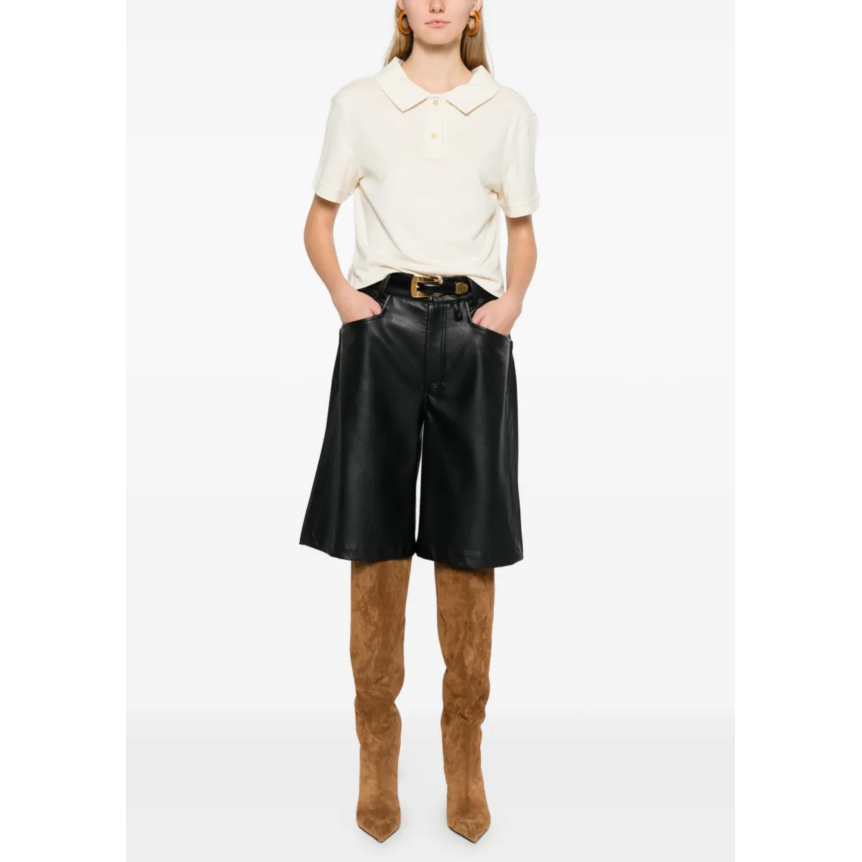 Pull court KHAITE Jasna col polo soie écru bouloche bouton