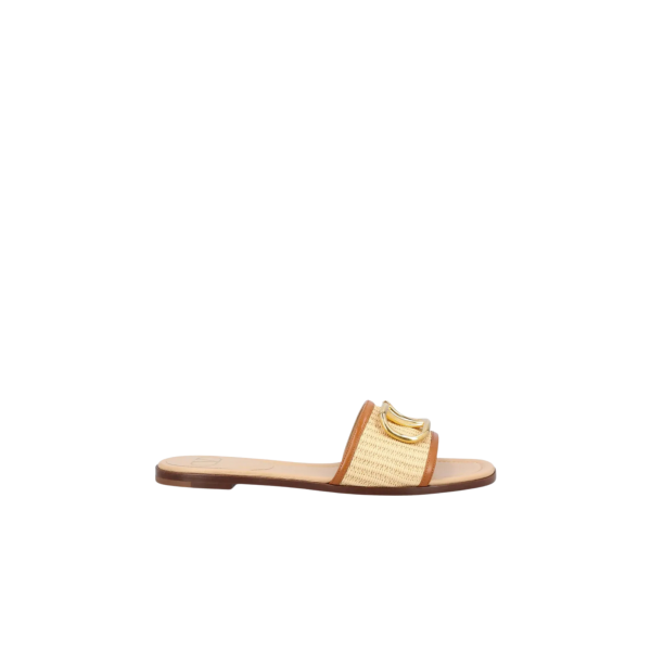 Mule plate sandale VALENTINO cuir Raphia beige V logo doré