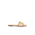 Mule plate sandale cuir Raphia beige V logo doré