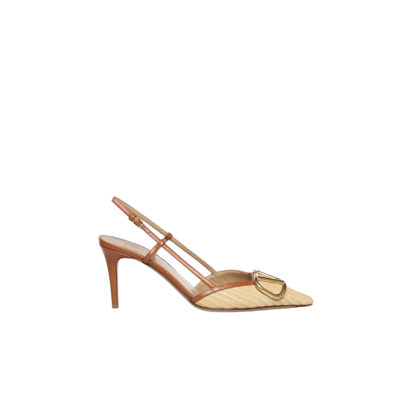 Escarpin ouverts VALENTINO Slingback talon bride raphia cuir beige V logo doré