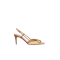 Escarpin ouverts Slingback talon bride raphia cuir beige V logo doré