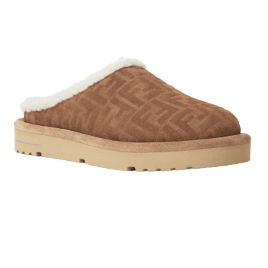 Sandales sabots FENDI bouts ronds nubuck marron FF relief fourrées mouton écru