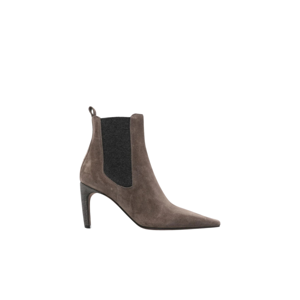 BRUNELLO CUCINELLI Bottine à talon Monili cuir suède marron élastique cheville