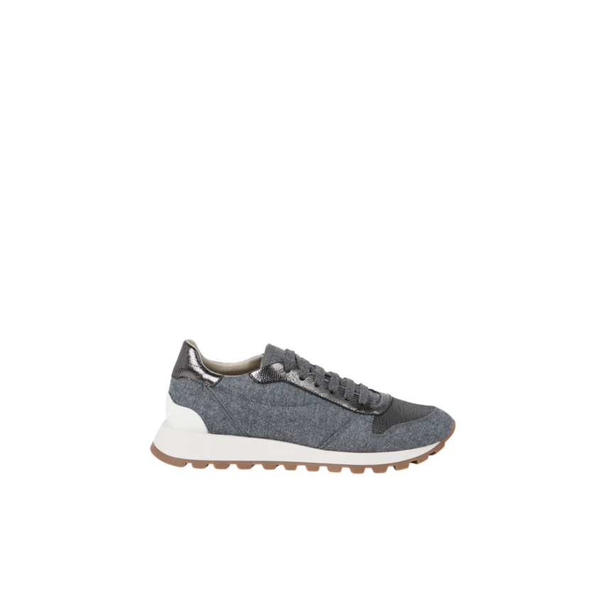 Basket running BRUNELLO CUCINELLI flanelle laine vierge gris bleu cuir veau bout fantaisie