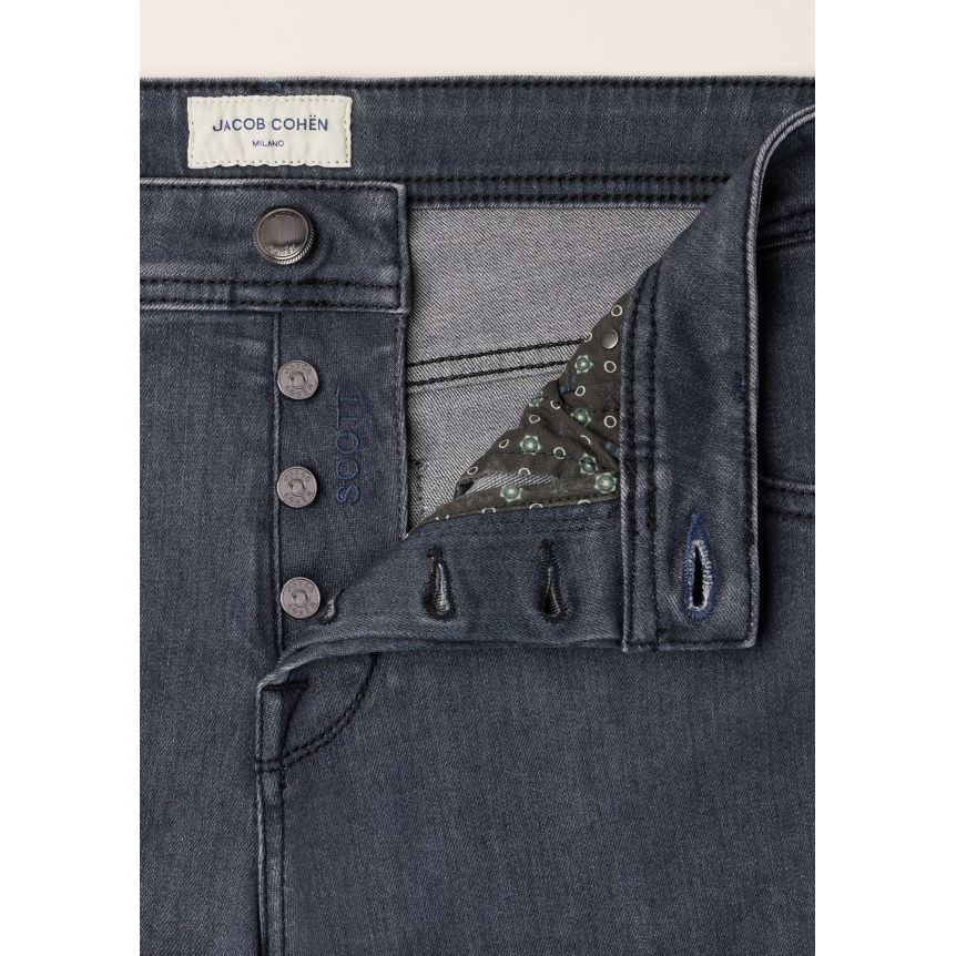 Jean 5 poches JACOB COHEN Scott carrot slim denim super extensible gris foncé délavé