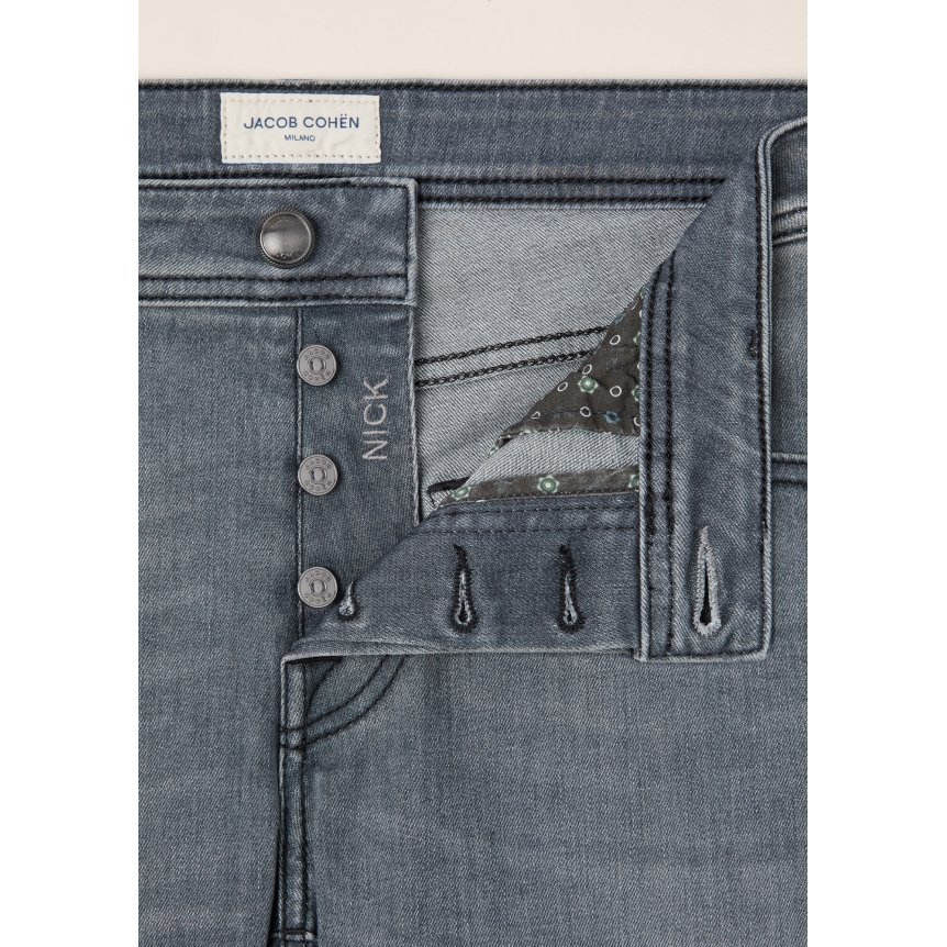Jean 5 poches JACOB COHEN Nick slim denim super extensible gris foncé délavé vintage