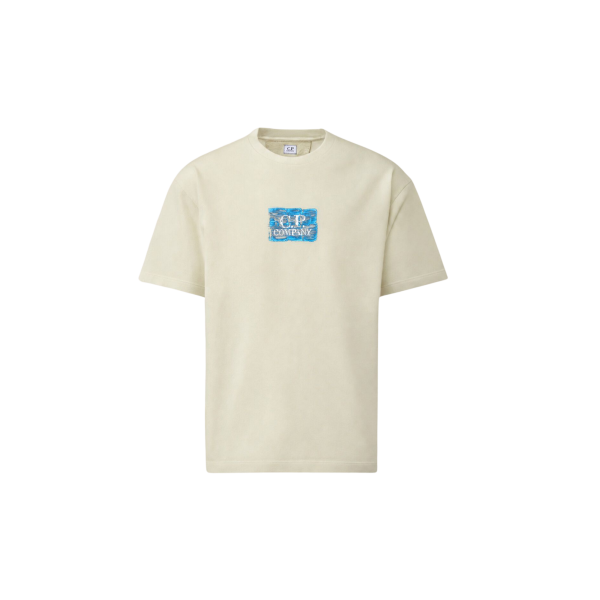 T-shirt col rond CP COMPANY jersey de coton blanc imprimé carré bleu poitrine dos