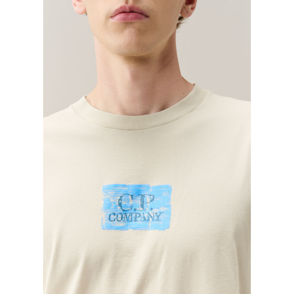 T-shirt col rond CP COMPANY jersey de coton blanc imprimé carré bleu poitrine dos