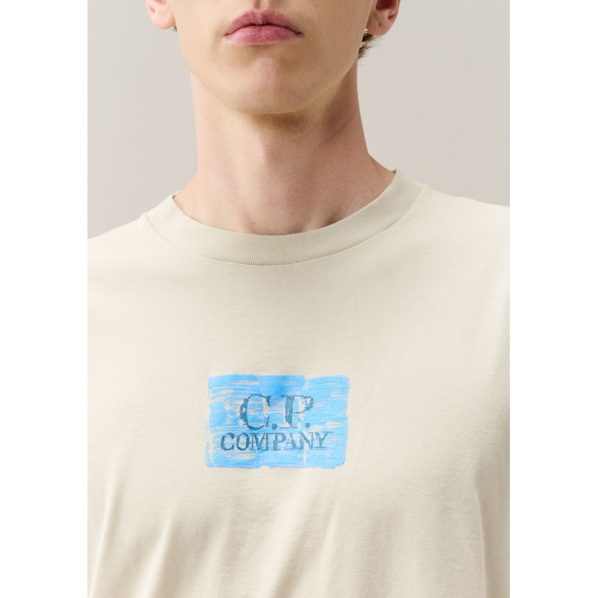 T-shirt col rond CP COMPANY jersey de coton blanc imprimé carré bleu poitrine dos