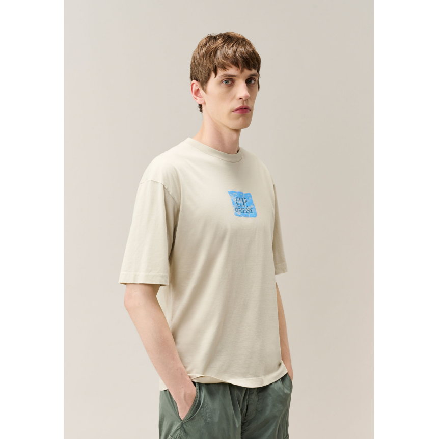 T-shirt col rond CP COMPANY jersey de coton blanc imprimé carré bleu poitrine dos