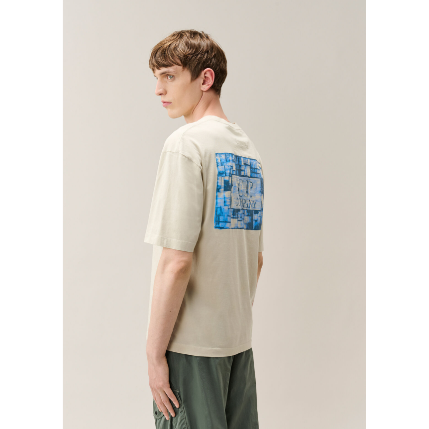 T-shirt col rond CP COMPANY jersey de coton blanc imprimé carré bleu poitrine dos