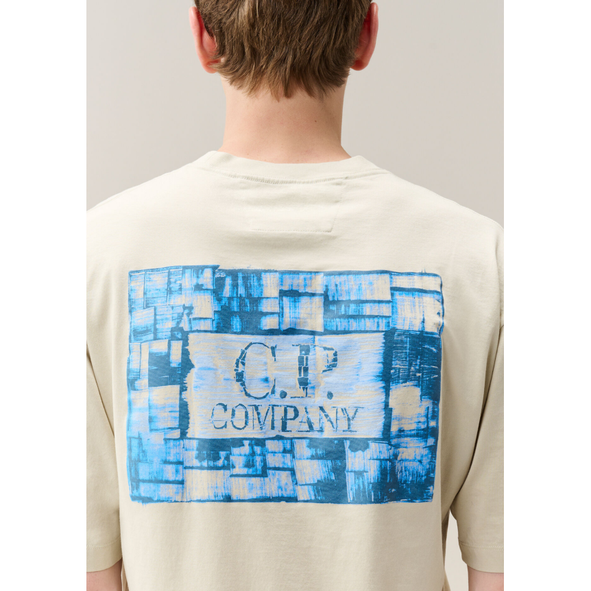 T-shirt col rond CP COMPANY jersey de coton blanc imprimé carré bleu poitrine dos