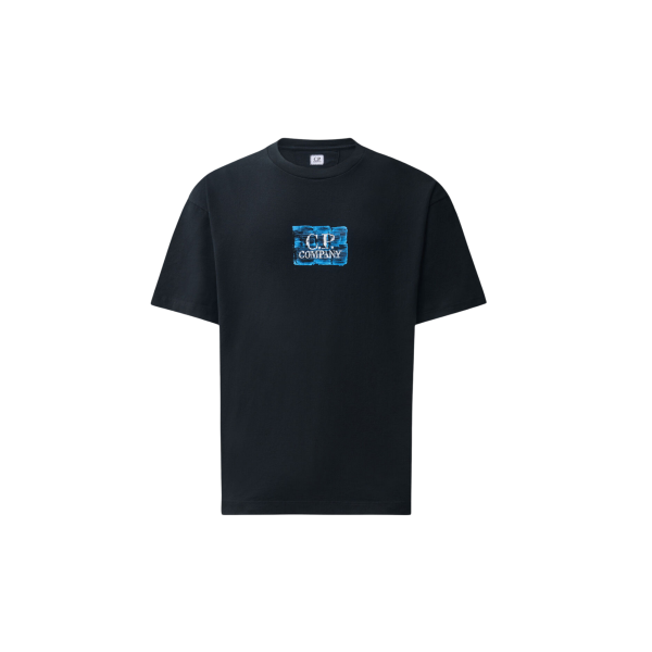 T-shirt col rond CP COMPANY jersey de coton noir imprimé carré bleu poitrine dos