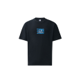 T-shirt col rond jersey de coton noir imprimé carré bleu poitrine dos