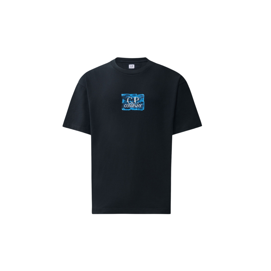 T-shirt col rond CP COMPANY jersey de coton noir imprimé carré bleu poitrine dos