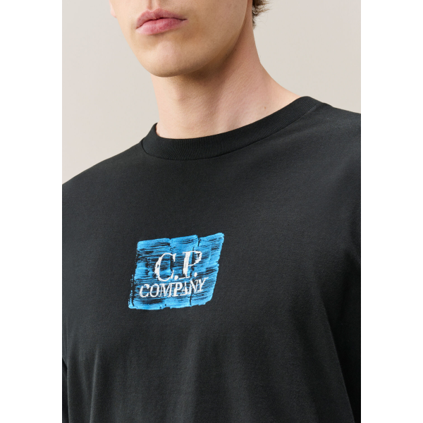 T-shirt col rond CP COMPANY jersey de coton noir imprimé carré bleu poitrine dos