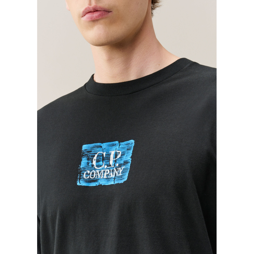 T-shirt col rond CP COMPANY jersey de coton noir imprimé carré bleu poitrine dos