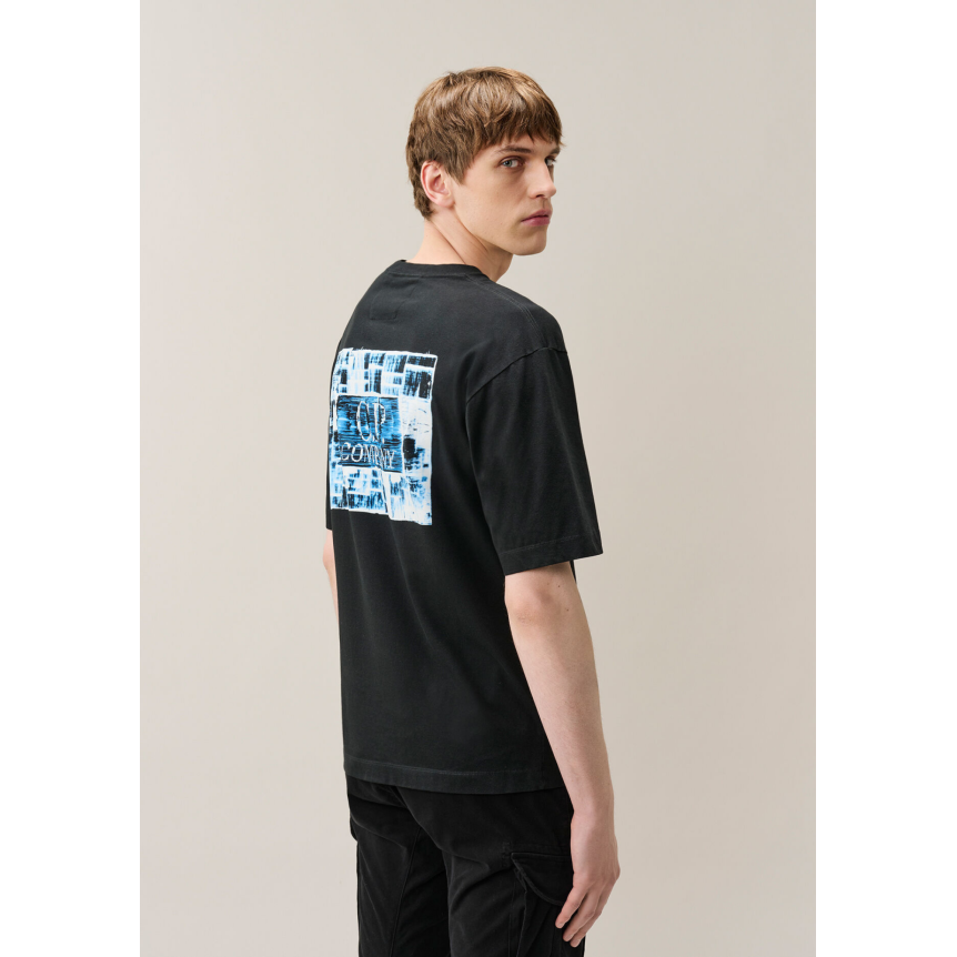 T-shirt col rond CP COMPANY jersey de coton noir imprimé carré bleu poitrine dos
