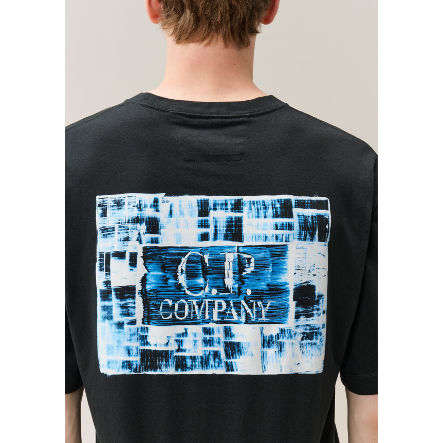 T-shirt col rond CP COMPANY jersey de coton noir imprimé carré bleu poitrine dos