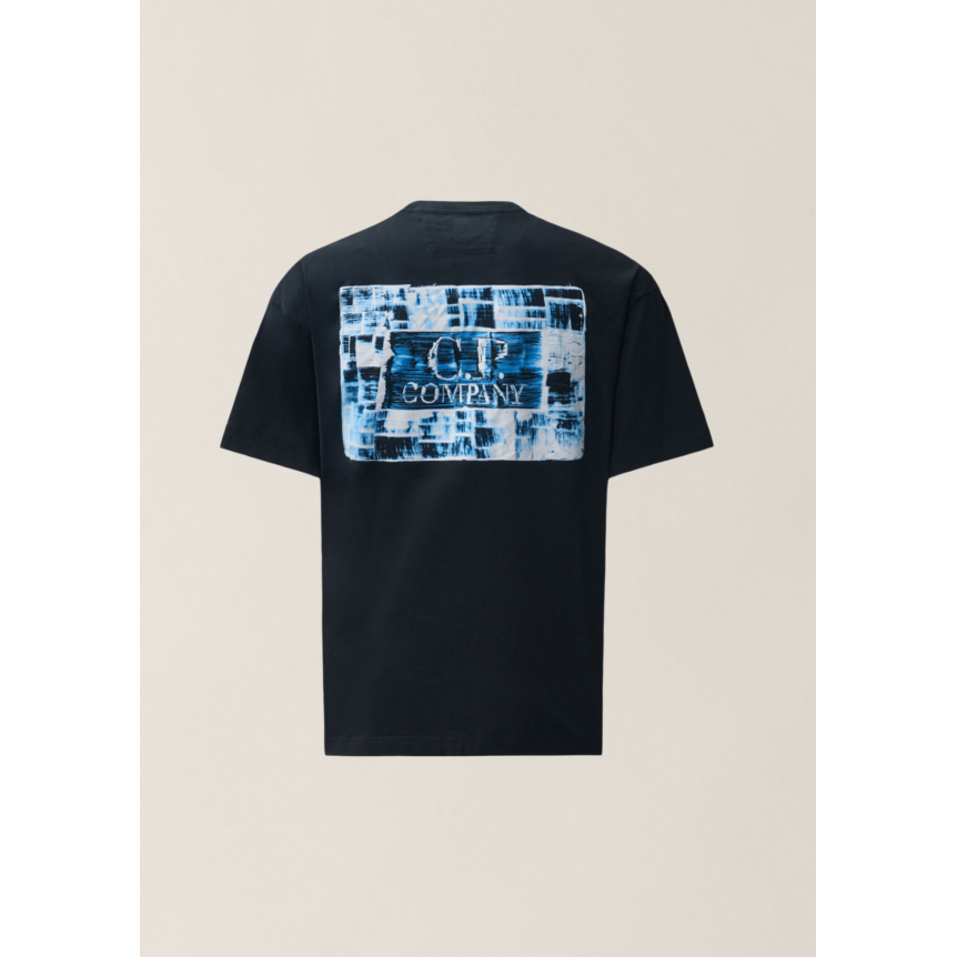 T-shirt col rond CP COMPANY jersey de coton noir imprimé carré bleu poitrine dos