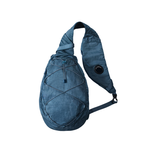 Sac bandoulière banane CP COMPANY satin Nylon B brillant bleu poche filet