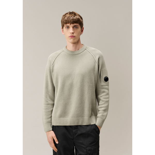 Pull ras du cou CP COMPANY coton chenille gris beige lentille manche