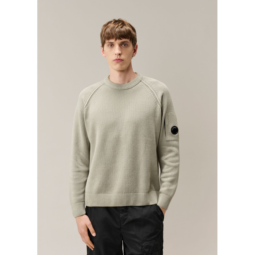 Pull ras du cou CP COMPANY coton chenille gris beige lentille manche