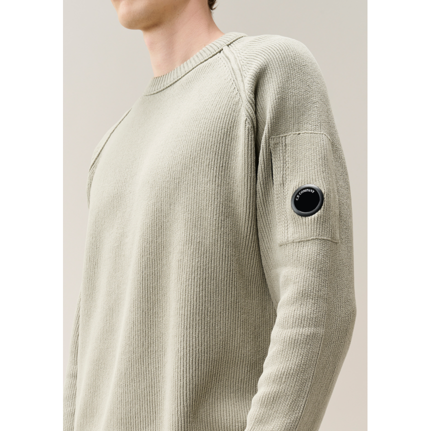 Pull ras du cou CP COMPANY coton chenille gris beige lentille manche