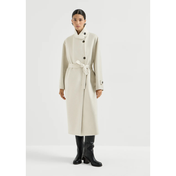 Manteau long BRUNELLO CUCINELLI col officier Beaver cachemire écru ceinture