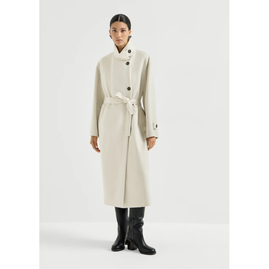 Manteau long BRUNELLO CUCINELLI col officier Beaver cachemire écru ceinture