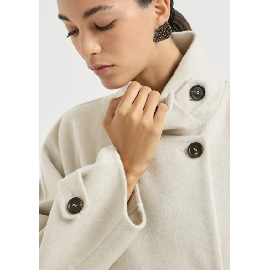 Manteau long BRUNELLO CUCINELLI col officier Beaver cachemire écru ceinture