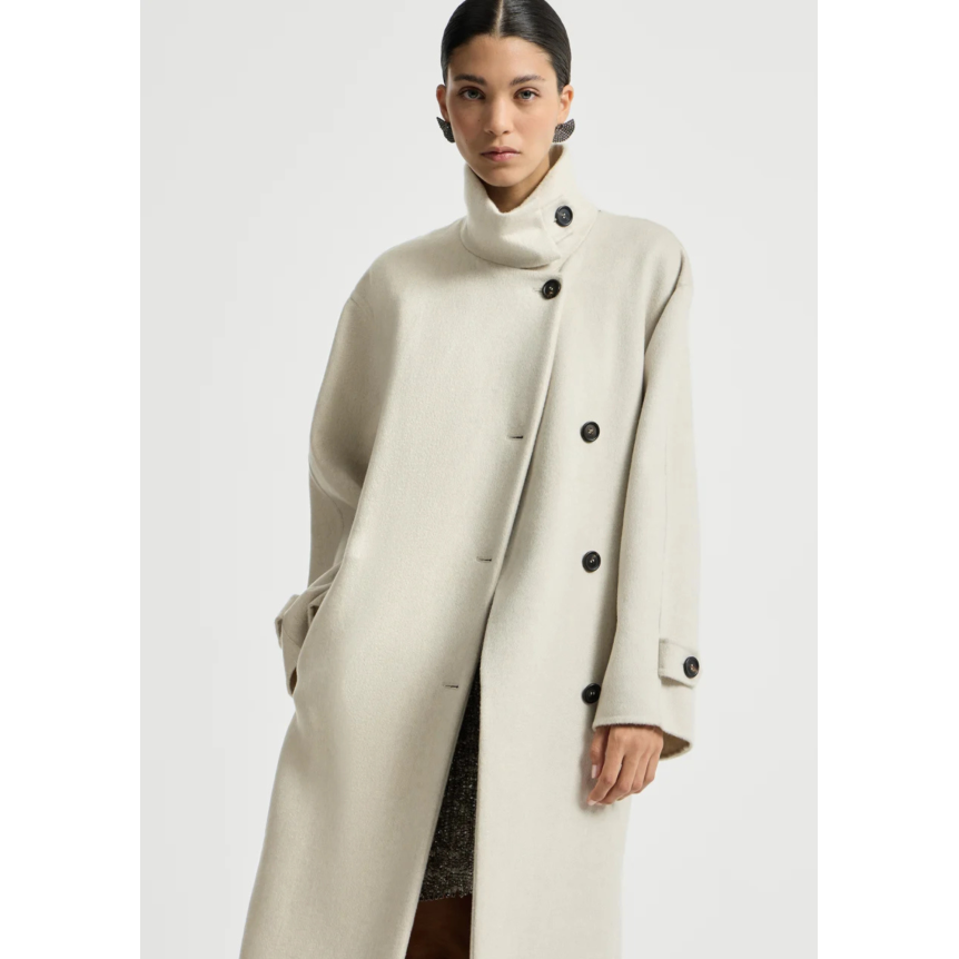 Manteau long BRUNELLO CUCINELLI col officier Beaver cachemire écru ceinture