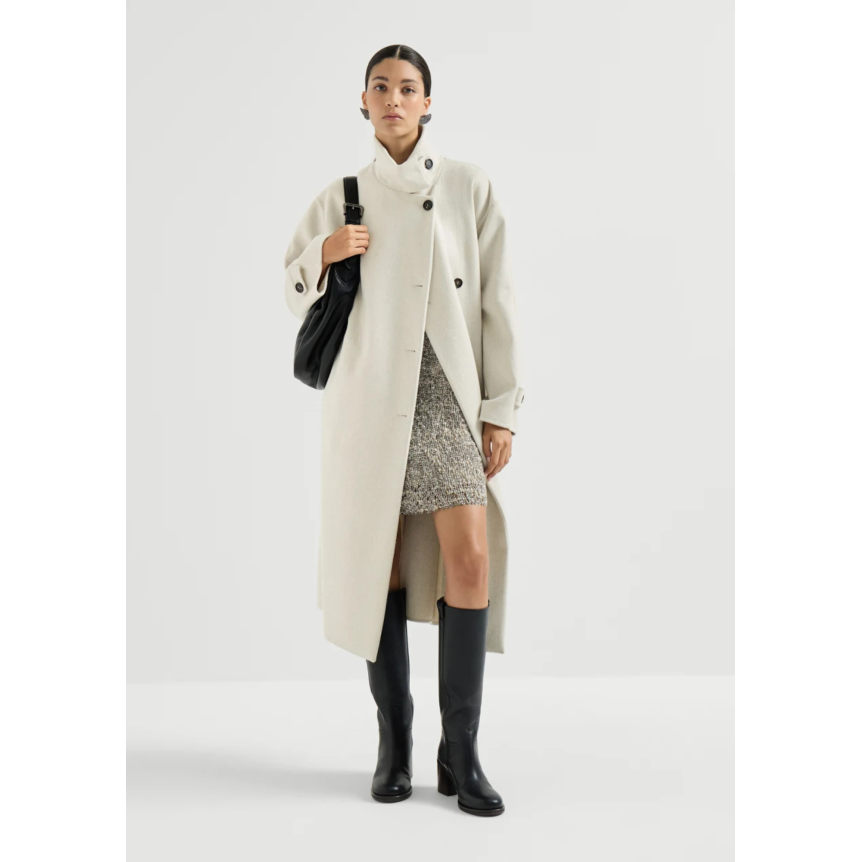 Manteau long BRUNELLO CUCINELLI col officier Beaver cachemire écru ceinture