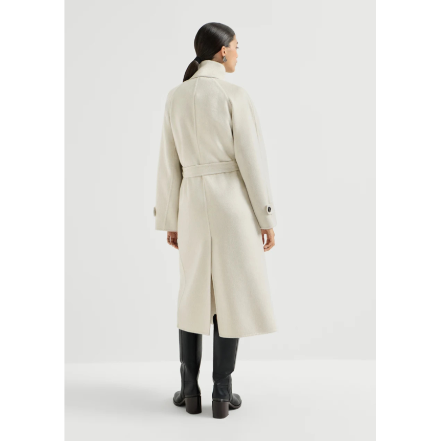 Manteau long BRUNELLO CUCINELLI col officier Beaver cachemire écru ceinture