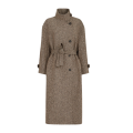 Manteau long en laine vierge brillante motif chevrons marron avec ceinture et décoration Monile