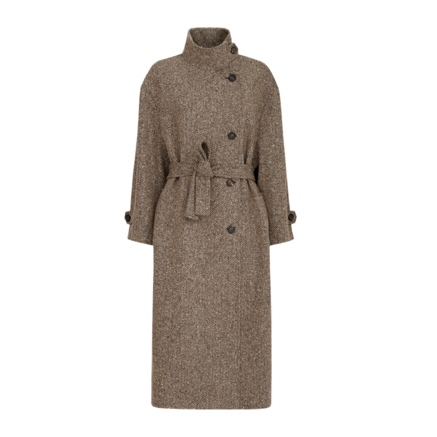 Manteau long en laine vierge brillante motif chevrons marron avec ceinture et décoration Monile