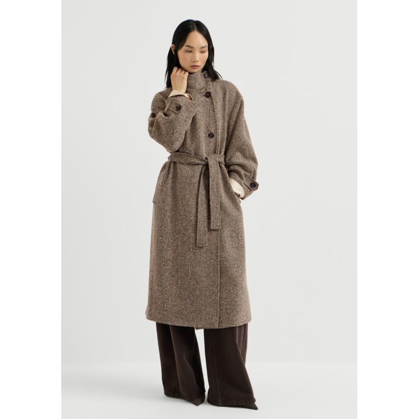 Manteau long en laine vierge brillante motif chevrons marron avec ceinture et décoration Monile
