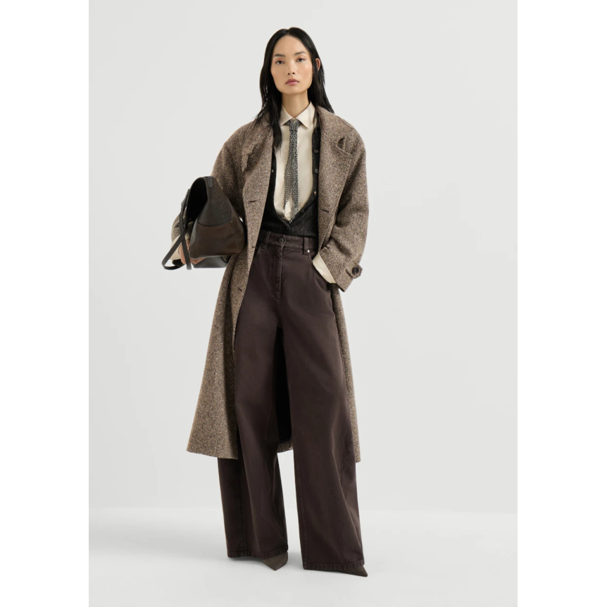 Manteau long en laine vierge brillante motif chevrons marron avec ceinture et décoration Monile