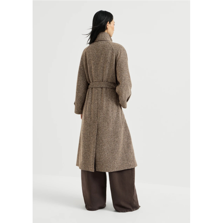 Manteau long en laine vierge brillante motif chevrons marron avec ceinture et décoration Monile