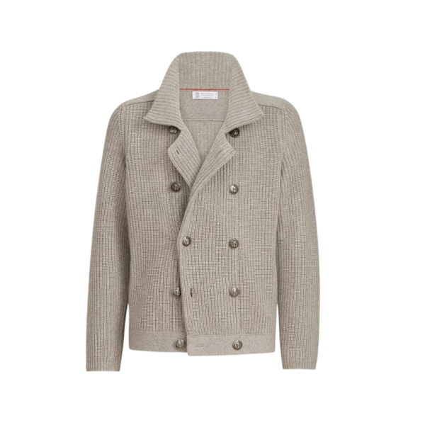 Cardigan BRUNELLO CUCINELLI Marina en cachemire à demi-côtes anglaise marron clair croisé bouton métal