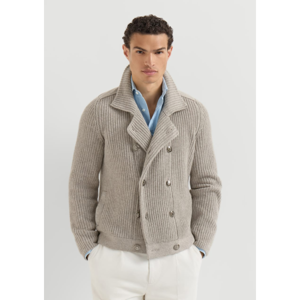 Cardigan BRUNELLO CUCINELLI Marina en cachemire à demi-côtes anglaise marron clair croisé bouton métal